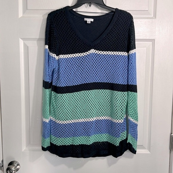Croft & Barrow Women’s Crochet Open Knit Sweater Striped Blue Green. Size XXL - Picture 1 of 6